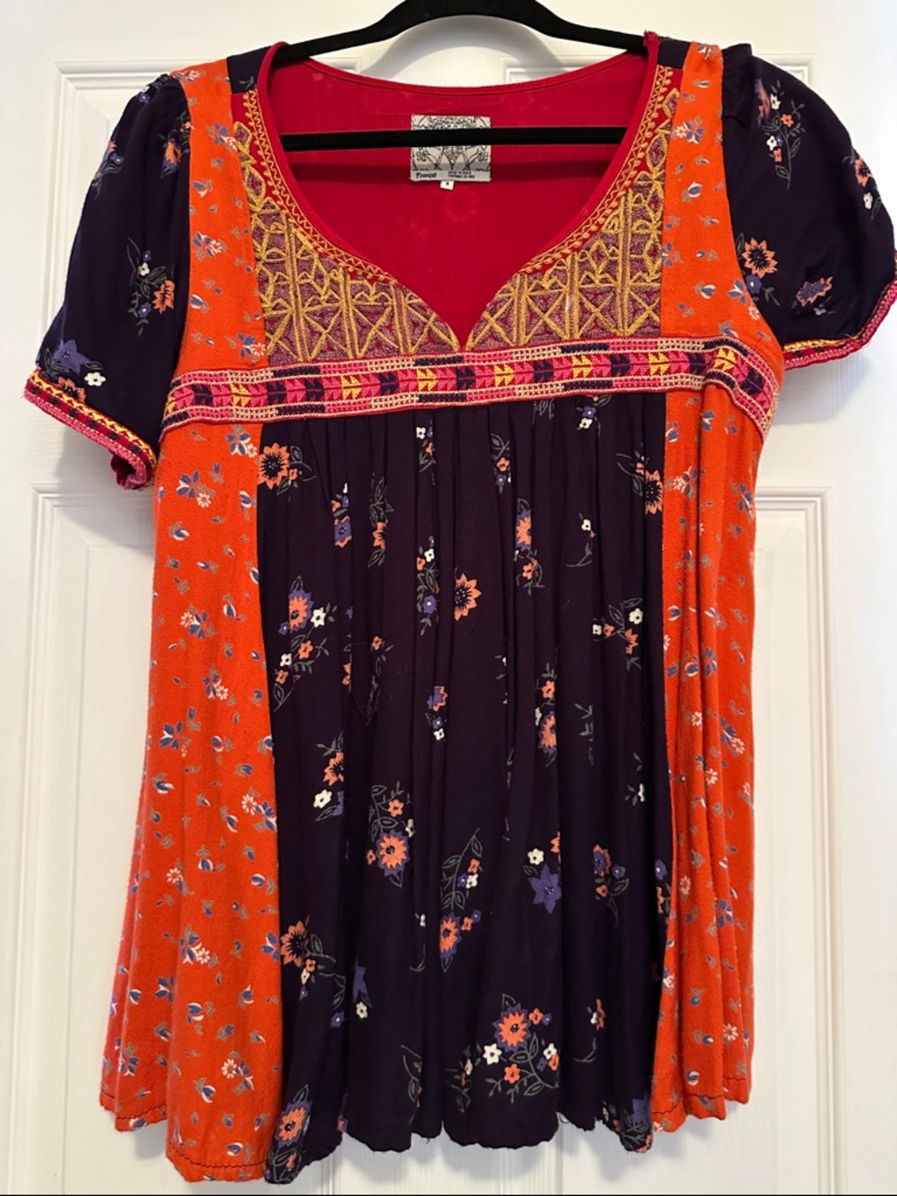 Anthropologie Floreat Orange and Purple Embroidered Boho Tunic Top
